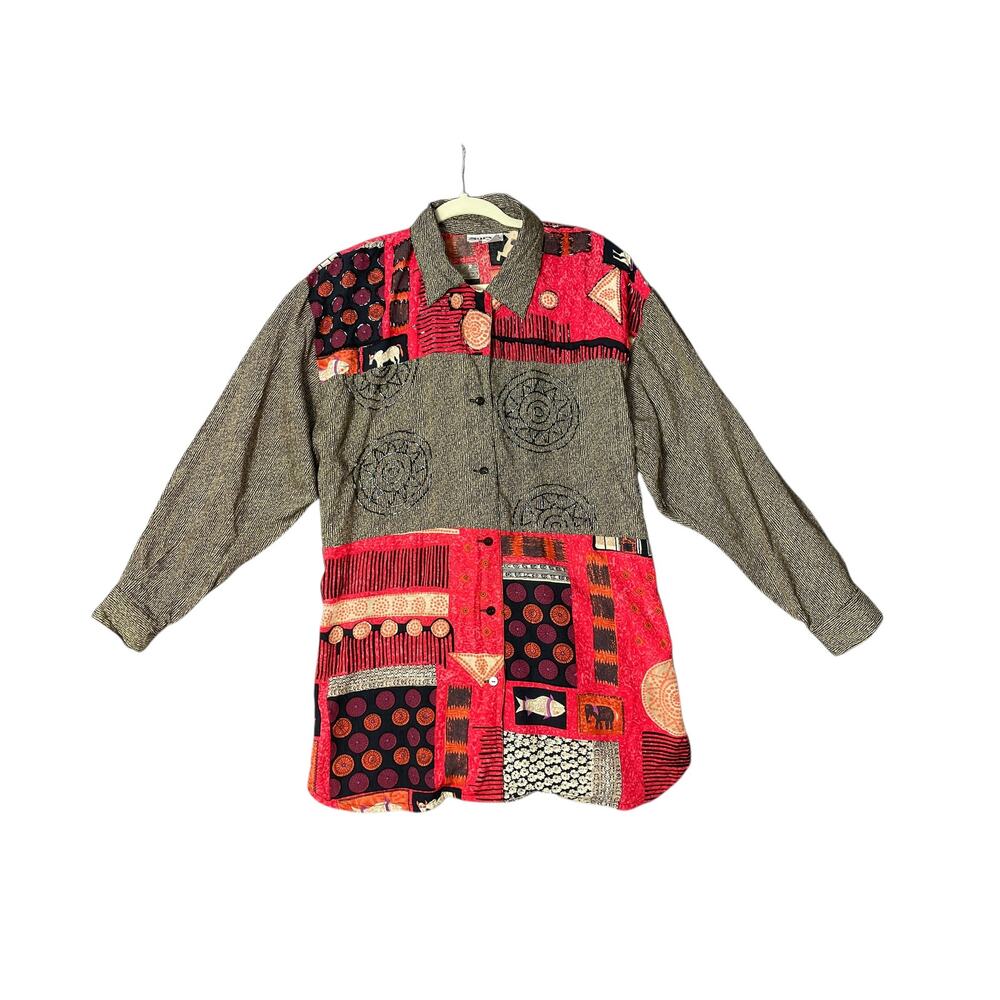 Y2K Vintage Boho Beaded Long Sleeve Button Up Tunic Shirt Size Small Oversized